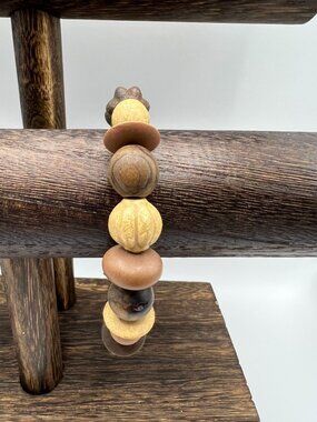 Natural Wood & Seed Beaded Stretch Bracelet Earth Tones Handmade Jewelry